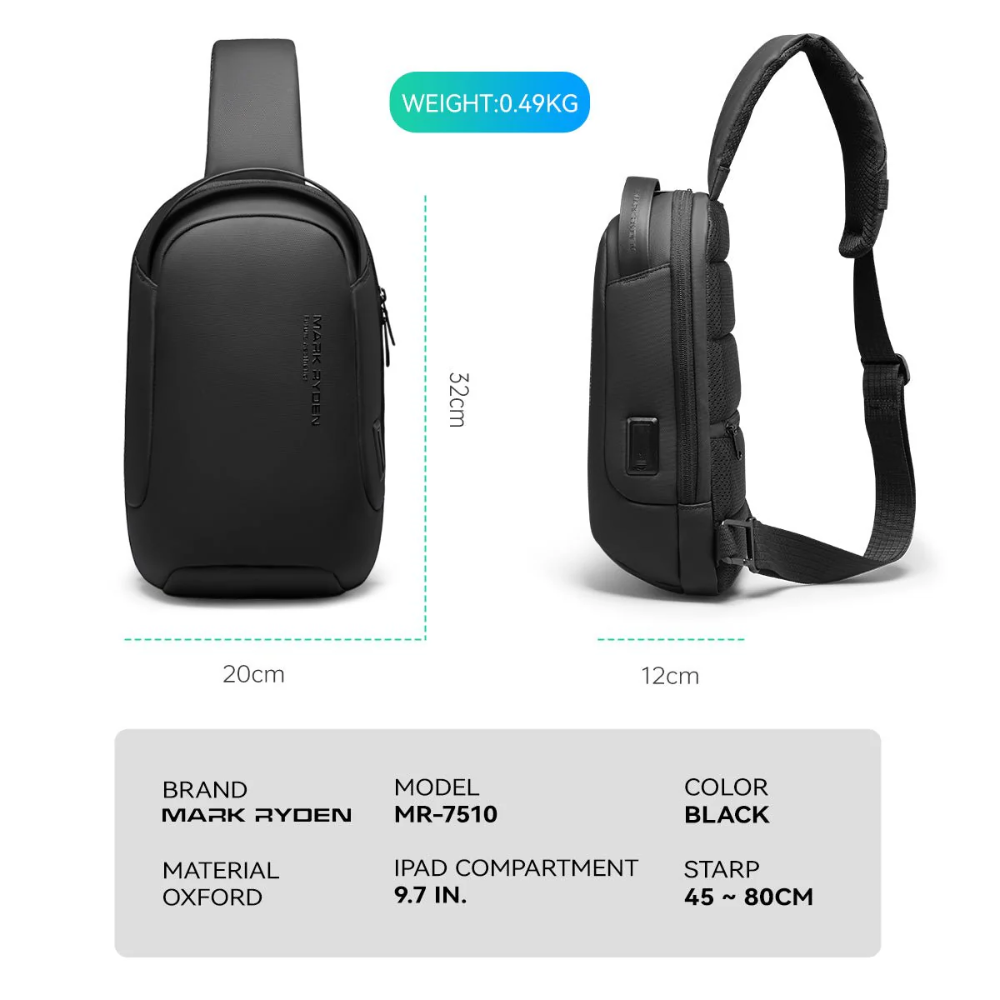 Bolsa Transversal Mensageiro Masculina Impermeável com porta USB Mark Ryden Torino