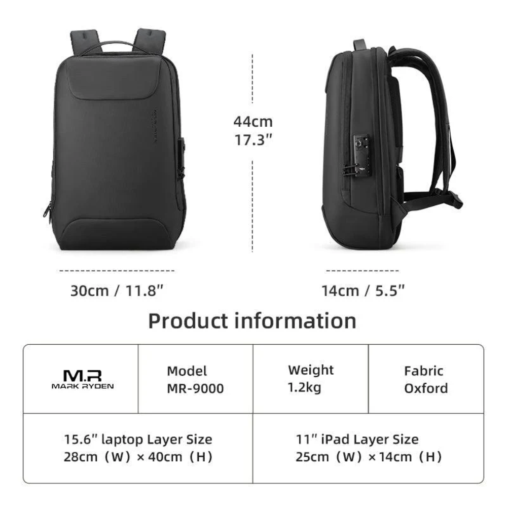 Mochila Executiva Antifurto com Trava Tsa A Prova D'água Para Notebook 15.6" com porta USB Mark Ryden Compilo