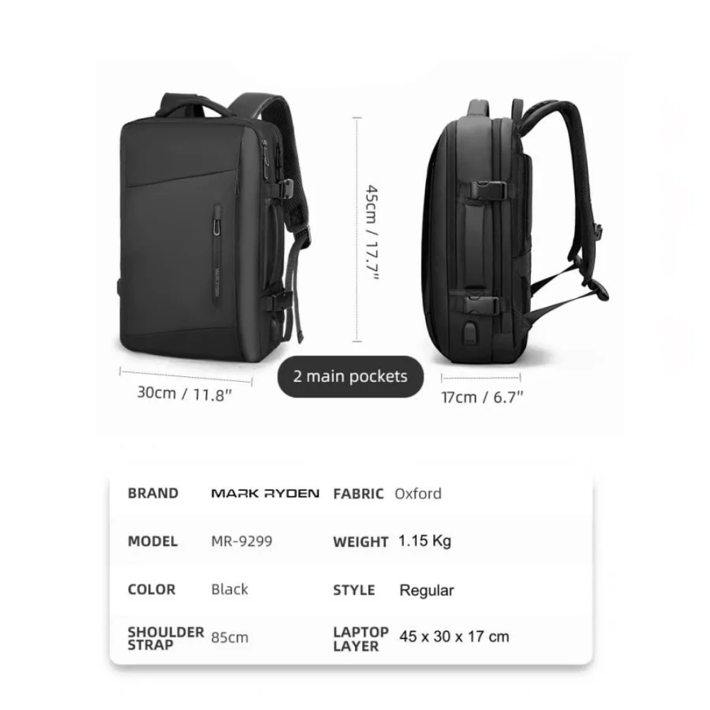 Mochila para notebook 15.6" Viagens e negócios Impermeável com porta USB Mark Ryden Expandos